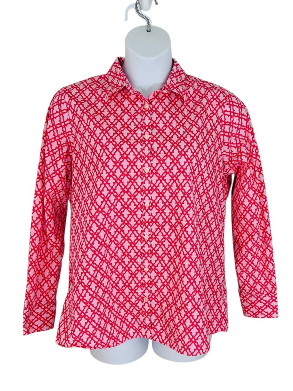 Lands' End Women's Tall Sz 18T No Iron Supima Cotton Geo Print Pink White Shirt
